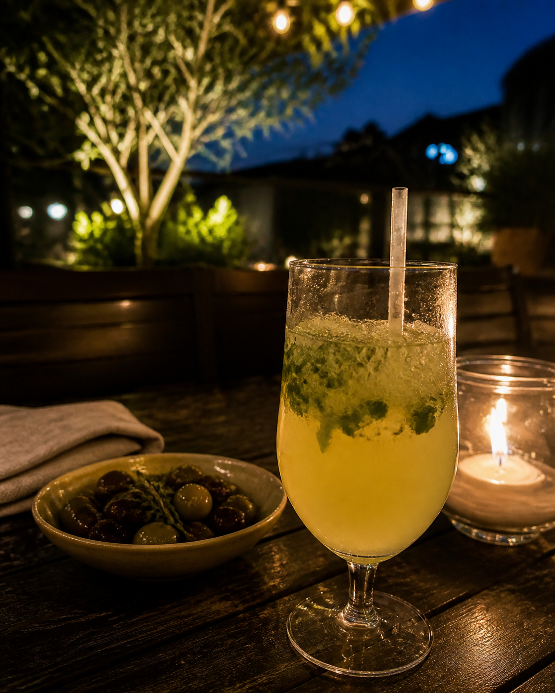 Citrus and herb drink on a candlelit outdoor table