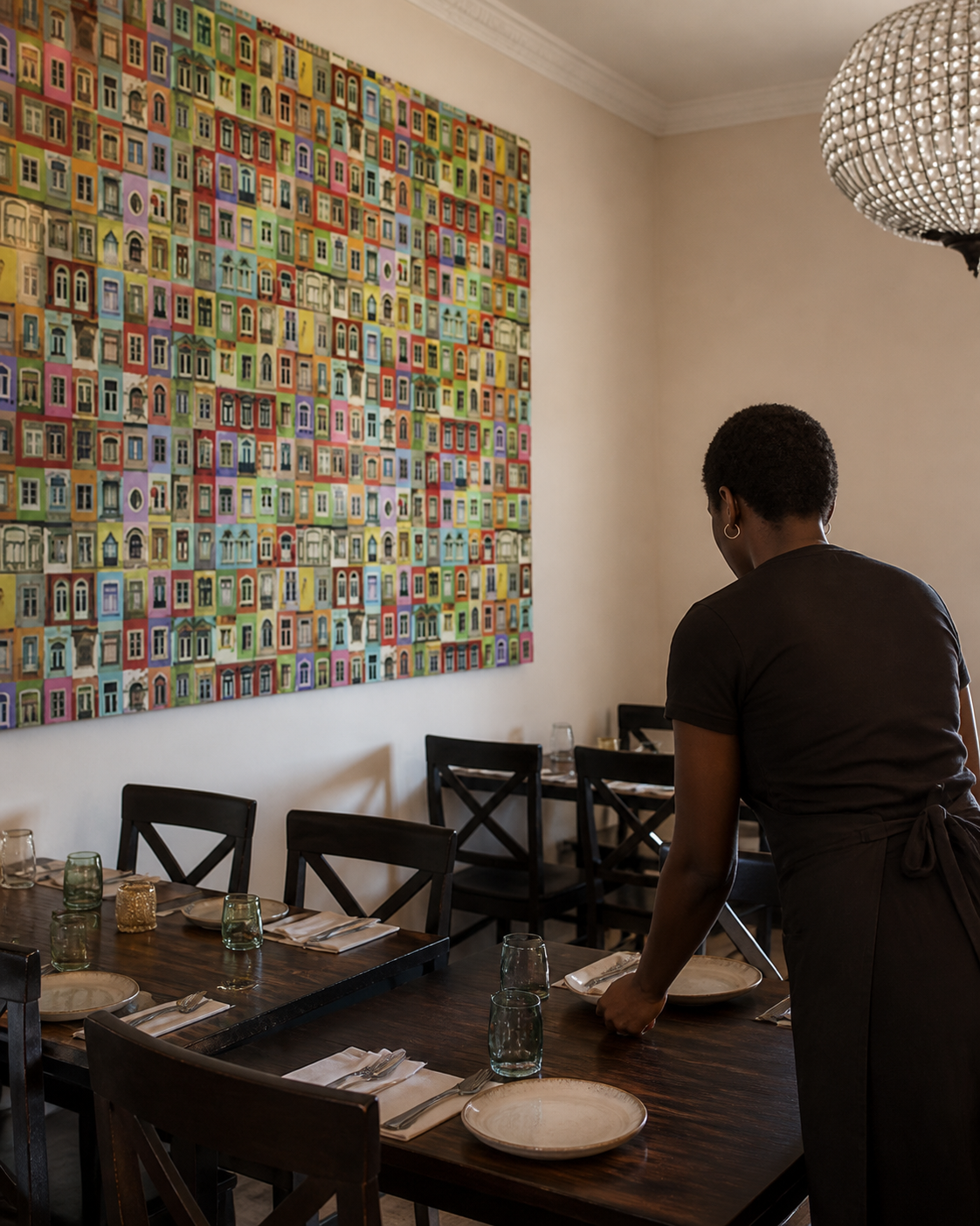 Daylight dining room with colorful Portuguese tile art and dark wood tables
