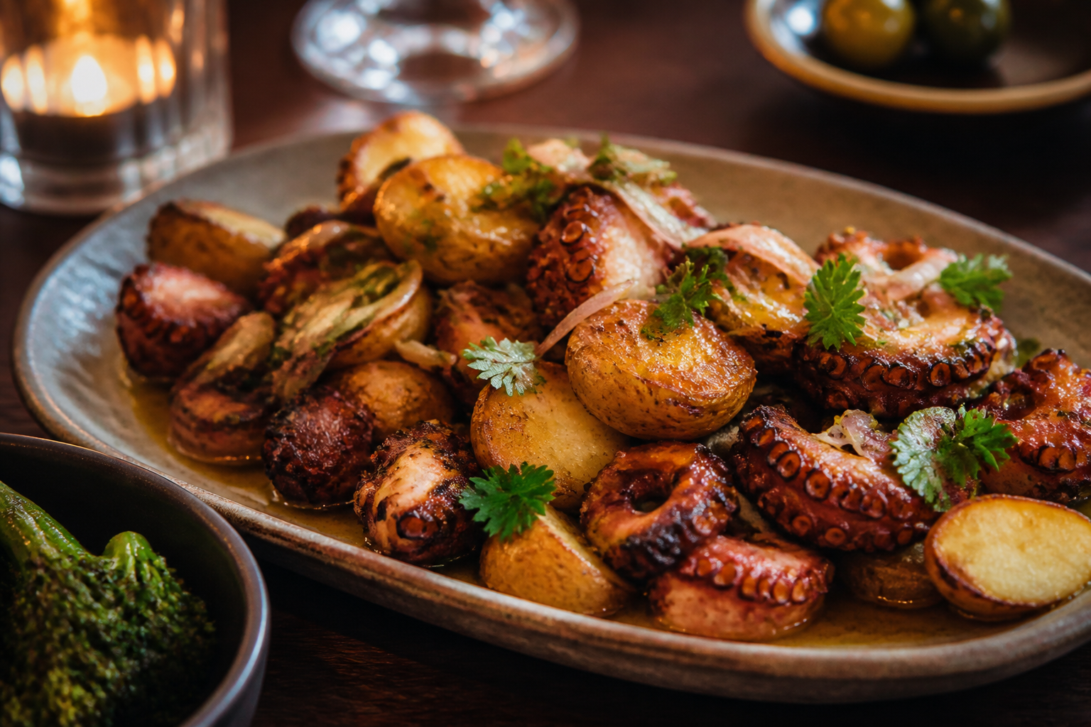 Glazed octopus and roasted potatoes on a ceramic plate