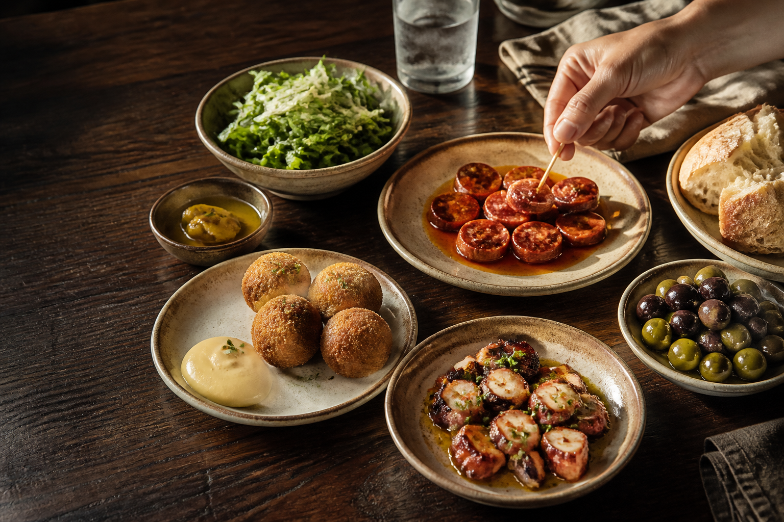 Shared spread of Portuguese-inspired small plates on a dark timber table